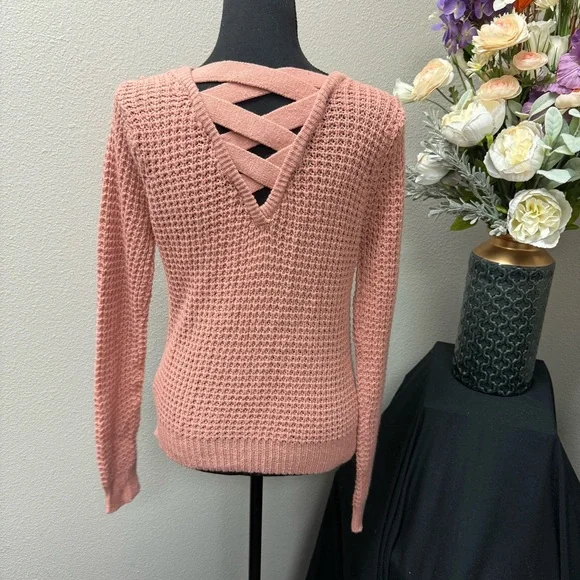 Papaya Pink Textured Knit Sweater M Long Sleeve Crisscross Back Fall Winter - Picture 3 of 7